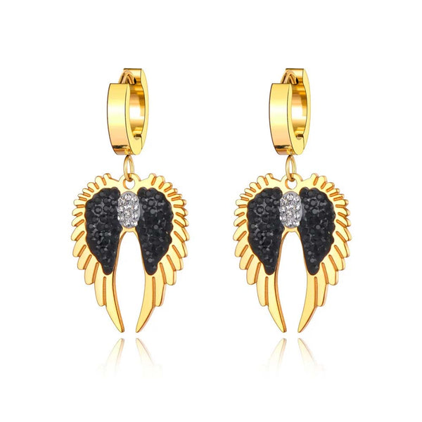 Trendy Stainless Steel Rhinestone Angel Wings Heart Earrings