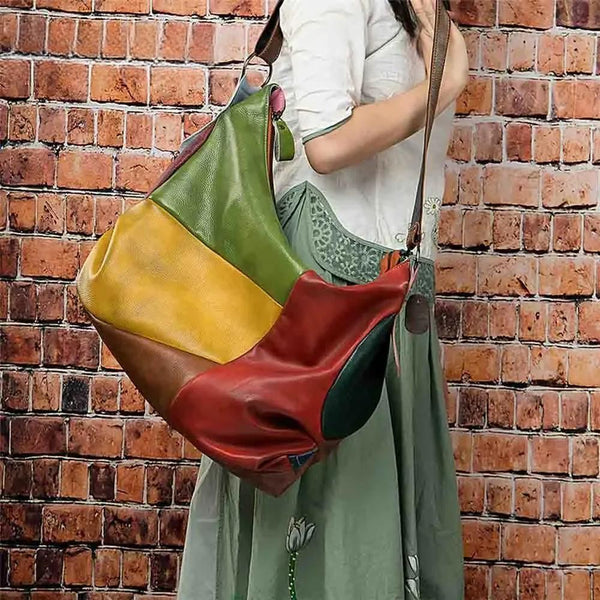 Vintage style Patchwork  Genuine Leather Women Hobos Bag Handwork