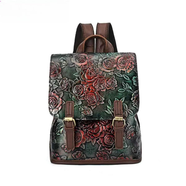 Retro Style Genuine Leather Women Backpack Embossing Rose Flowers Pattern