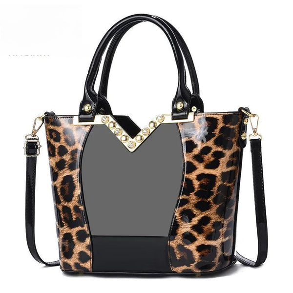 New Trend Luxury Brand Bag for Women Leopard Print Patent Leather Diamond Tote Female Handbag