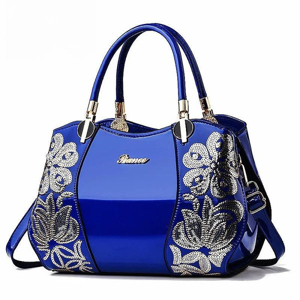 Fashion Patent Leather Large Capacity Shoulder Handbag for Lady Flower Embroidery Purse Totes