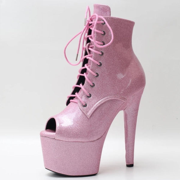 18CM High Heel Pink Open Toe Stripper Pole Dance Ankle Boots