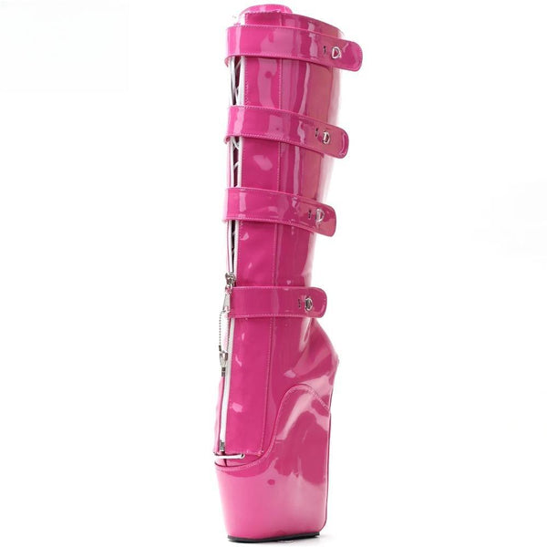 18CM Extreme High Heel Lace-up Lockable Zip Padlock Buckle Strap Sexy Fetish Knee-High Boots