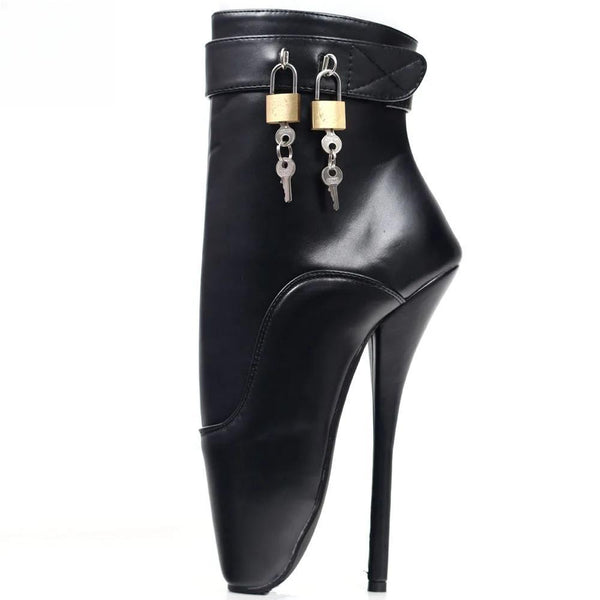 18cm 7" High Spike Heel padlocks  Thin Heel Pu Leather Lockable Ankle Strap Ballet Boots