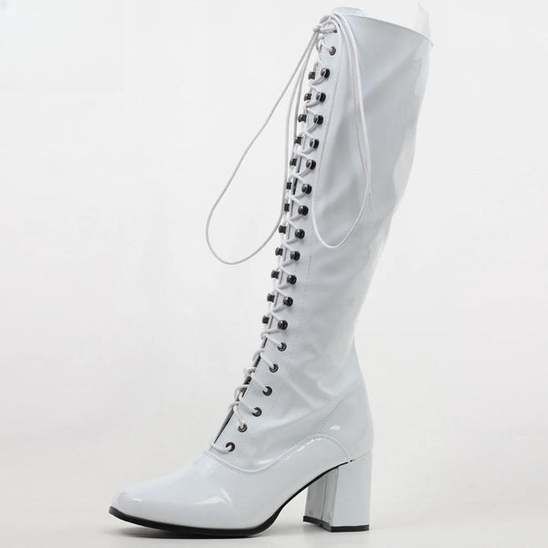 women fashion Sexy Zip boots Knee-High Square Toe PU Leather 60's 70's GO-GO boots