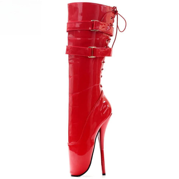 New 18cm/7" ultra high heel stilleto heel spike heel red shiny Lace-up women knee high ballet boots