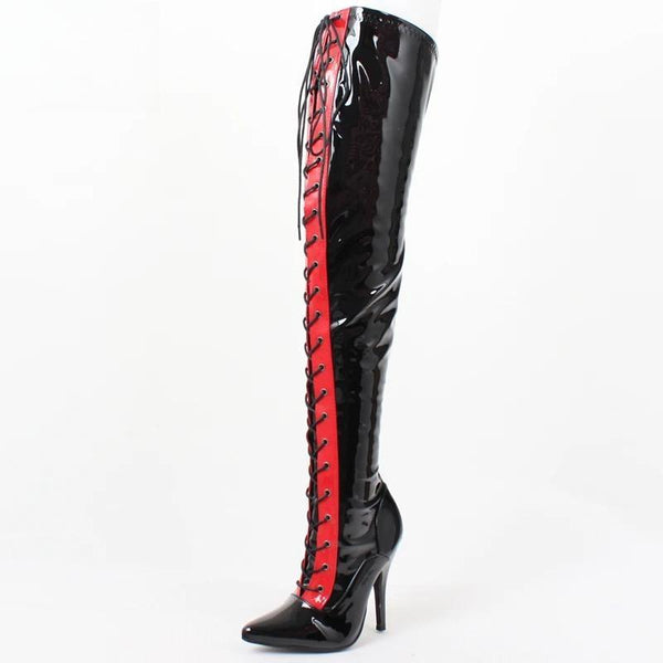 Patent Leather Pointed Toe Stiletto Lace-Up motorcycle over-the-knee Thigh boots