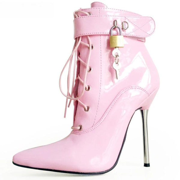 Women Pointed Toe Ankle Strap Boot Lady Cross-tied 12C Metal Thin High Heels