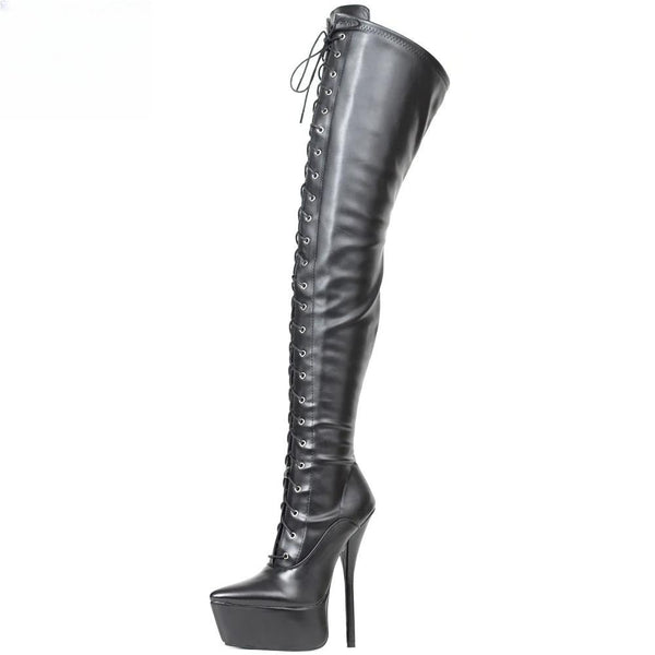 Womans Steampunk Stiletto Black Sexy Lace Up Over Knee Thigh High Boots