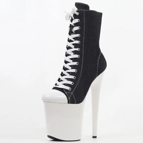 20CM Stiletto Heel 90CM Closed Round Toe Platform Canvas Sneaker Pole Dance  Ankle Boots