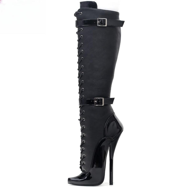 Exotic Extreme Fetish lace Up7 inch steel heel PATA ballet knee high boots size 5-15