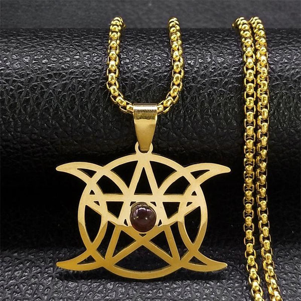 Triple Moon Goddess Necklace Stainless Steel Red Stone Witch Divination Pentagram Necklaces