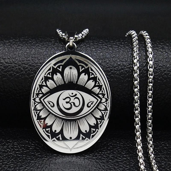 Buddhism Om Lotus Mala Necklaces Stainless Steel Silver Color Indian Yoga Mandala Necklace