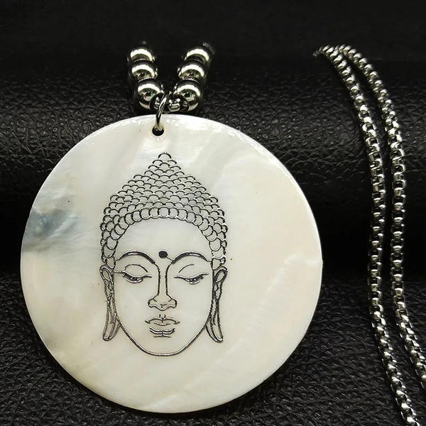 Buddhism Buddha Head Stainless Steel Shell Statement Necklace Women Big Round Choker Necklace