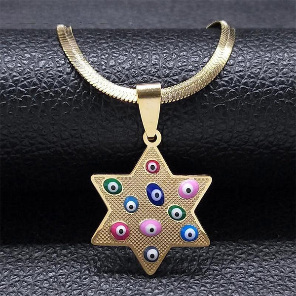 Hexagram Colorful Lucky Eye Necklace for Women Stainless Steel Gold Color Female Chain Necklaces