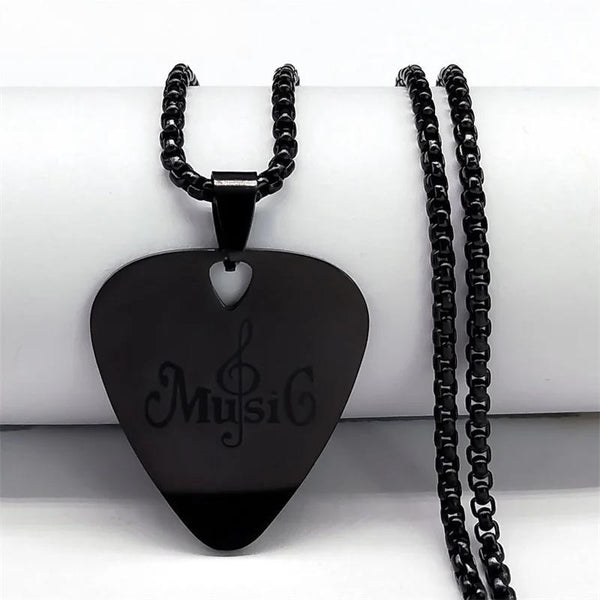 Hip Hop Triangle Guitar Pick Pendant Necklace Stainless Steel Black Color Music Chain Necklace