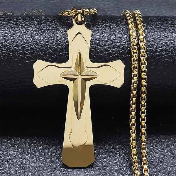 Men Stainless Steel Jesus Cross Chain Necklace Gold Color Religious Belief Amulet Pendant