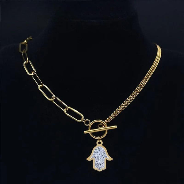 Islam Hand Crystal Stainless Steel Chain Necklaces Women Gold Color Choker Necklace