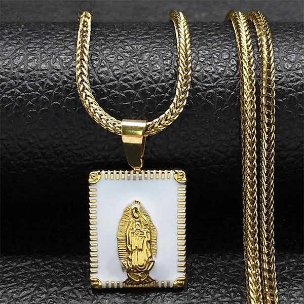 Exquisite Virgin Mary Square Medal Pendant Necklace for Women Men