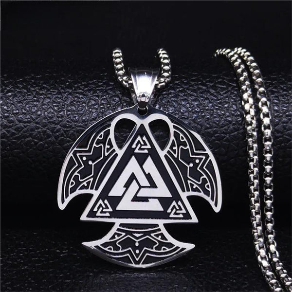 Norse Viking Valknut Necklace Stainless Steel Ax Pendant Necklace for Men