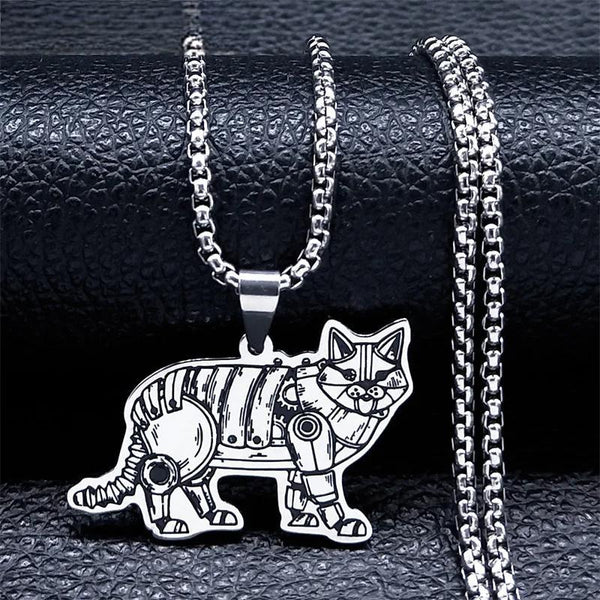 Steampunk Machinery Cat Necklace Stainless Steel Silver Color Mechanical Animal Necklaces