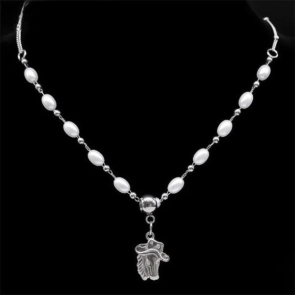 Aesthetic Horse Animal Pendant Necklace Stainless Steel Vintage Imitation Pearl Chain Necklaces