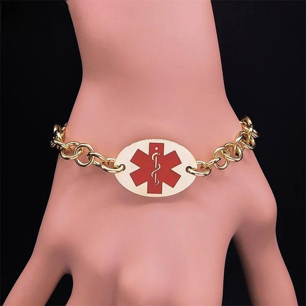 Medical Alert ID Chain Bracelet Gold Color Stainless Steel Emergency Reminder Charm Bracelets