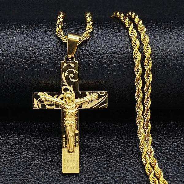 Cross Jesus Stainless Steel Long Necklace for Women/Men Gold Color Religious Holy Lord Necklace