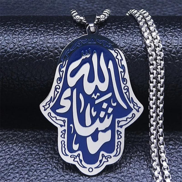 Quran Allah Stainless Steel Hamsa Hand Necklaces Chain Blue Silver Color