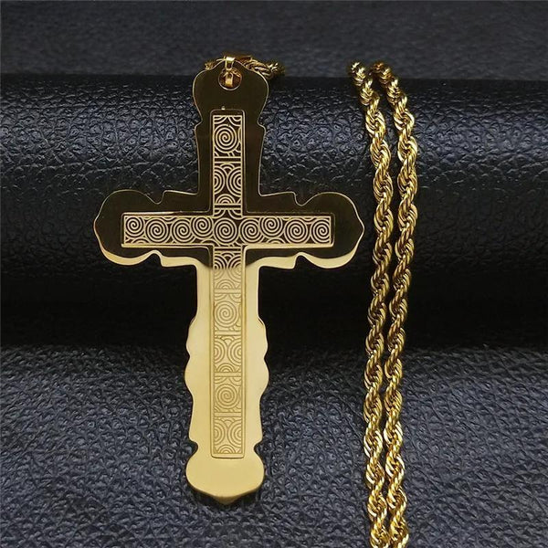 Stainless Steel Retro Catholic Cross Necklaces Men/Women Gold Color Long Chain Necklace