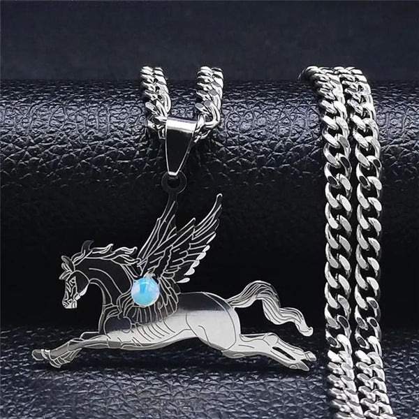 Animal Pegasus Horse With Wings Stainless Steel Moonstone Necklaces Chain Silver Color Jewelry