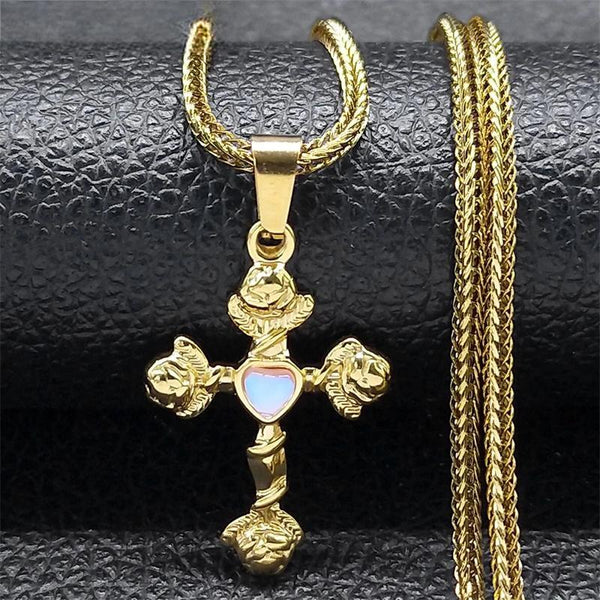 Aesthetic Cross Rose Flower Necklace for Women Men Gold Color