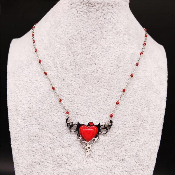 Fashion Devil Heart Stainless Steel Necklace for Women Red Stong Silver Color Heart Necklace