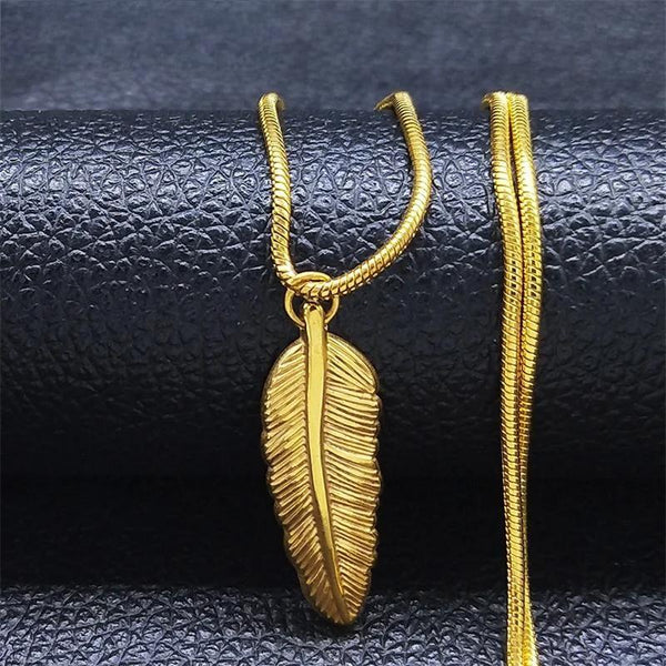 Punk Leaf Stainless Steel Pendant Necklace Women Gold Color Feather Chain Necklaces