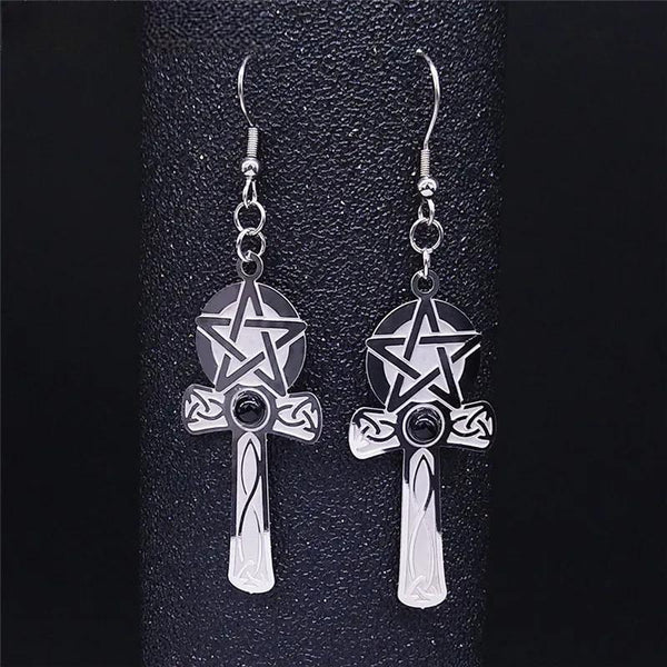 Witchcraft Pentagram Cross Stainless Steel Natural Stone Silver Color Wicca Trinity Irish Knot Drop Earrings