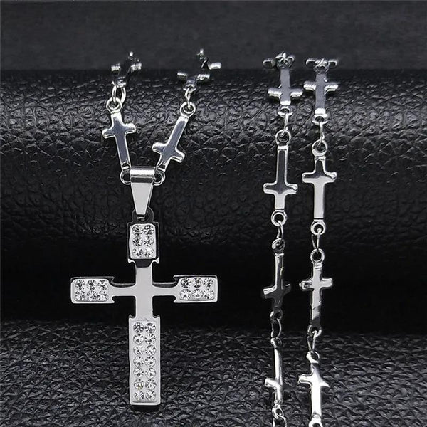 Stainless Steel Crystal Prayer Cross Chain Necklaces