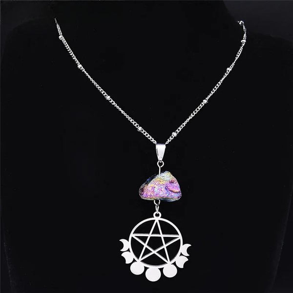 Witchcraft Pentagram Moon Natural Crystal Stainless Steel Charm Necklaces