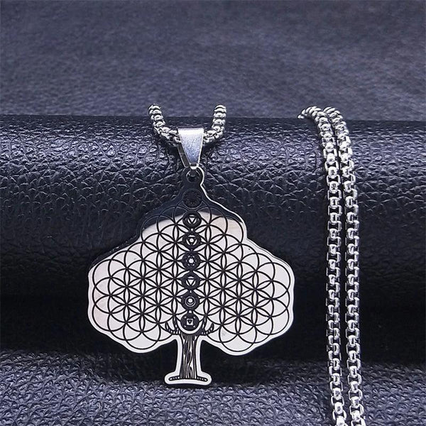 Yoga 7 Chakra Tree Flower of Life Stainless Steel Necklace for Women Men