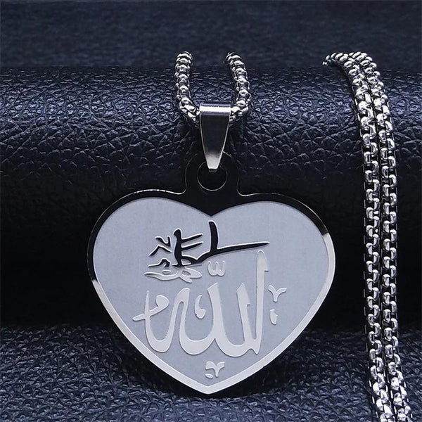 Stainless Steel Luck Arabic God Allah Necklaces Muslim Islam Heart Pendant Necklace