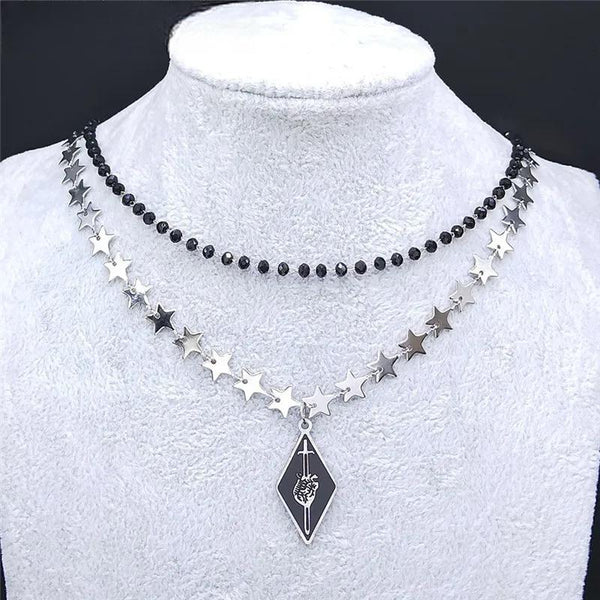 2PCS Gothic Brain Sword Charm Necklace Stainless Steel Black Crystal Bead Layered Necklaces