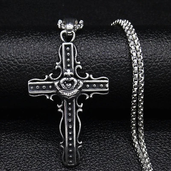 Fashion Gothic Rose Cross Stainless Steel Necklace for Women Silver Color Chain Necklaces