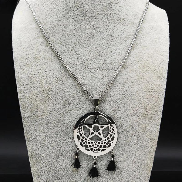 Dreamcatcher Pentagram Witchcraft Tassel Stainless Steel Witch Moon Star Necklace for Women