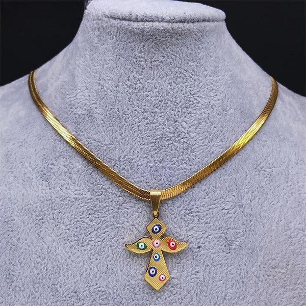 Catholic Cross Stainless Steel Chain Necklace Women Gold Color Angel Wing Necklace