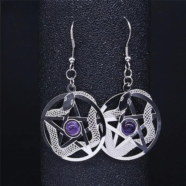 Witchcraft Pentagram Snake Stainless Steel Natural Purple Crystal Silver Color Dangle Earrings