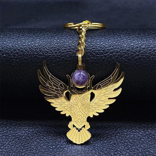 Stainless Steel Witchcraft Purple Crystal Key Ring Women Gold Color Owl Moon Keychain