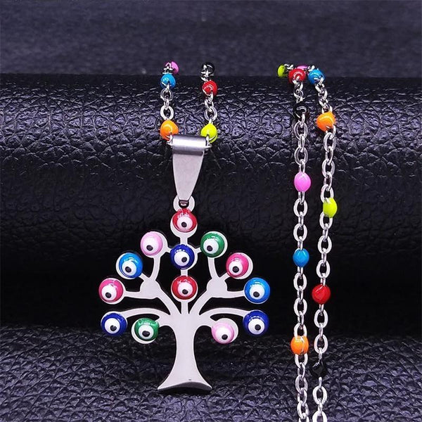 Colorful Turkey Eyes Tree of Life Stainless Steel Islam Muslim Necklace Women