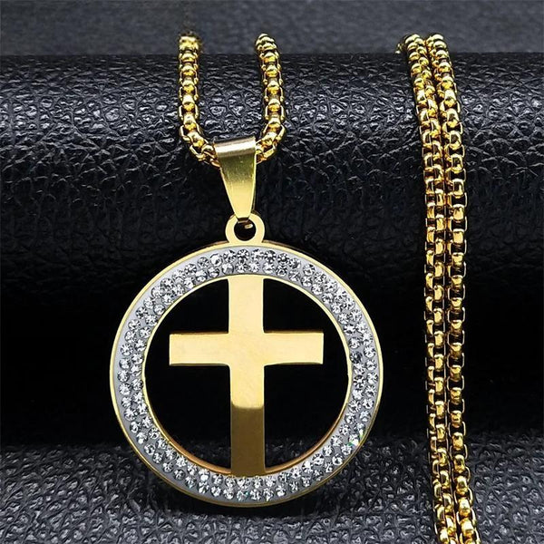 Cross Crystal Stainless Steel Round Pendant Necklace Women/Men Gold Color Christian Chain Necklaces