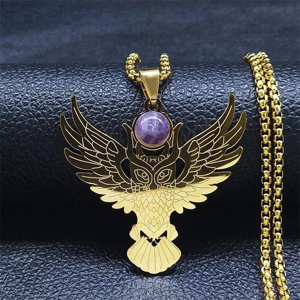 Stainless Steel Witchcraft Purple Crystal Necklace Pendant Women Gold Color Owl Moon Necklaces