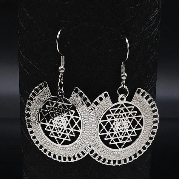 Stainless Steel Drop Earrings Sri Yantra Pattern Silver Color Earring