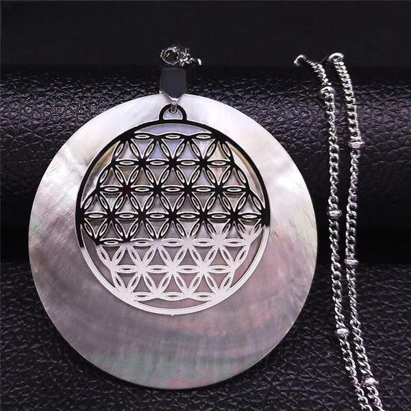 Flower of Life Stainless Steel Shell Charm Necklace for Women